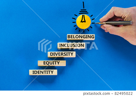 Equity, identity, diversity, inclusion, belonging symbol. Wooden blocks with words identity, equity, diversity, inclusion, belonging on beautiful blue background. Inclusion, belonging concept. Equity, identity, diversity, inclusion, belonging symbol. Wooden blocks with words identity, equity, diversity, inclusion, belonging on beautiful blue background. Inclusion, belonging concept. 82495022