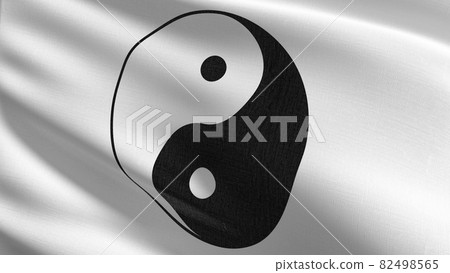 Yin and Yang. Chinese symbol blowing in the wind. 3D rendering illustration of waving sign. Contrast 82498565