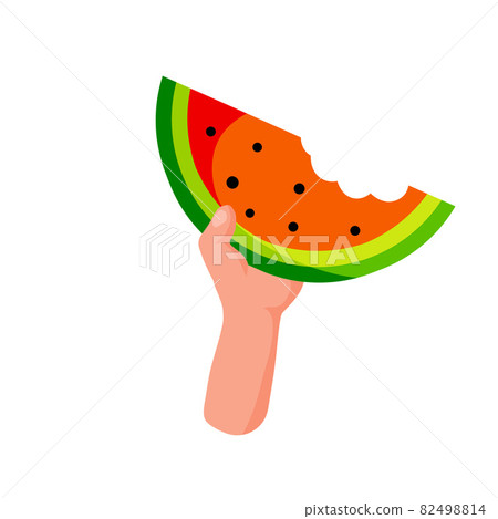 Hand hold watermelon. Piece of sliced fruit. Hand hold watermelon. Piece of sliced fruit. 82498814