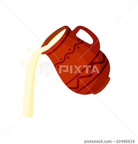 Clay pot. Earthenware jug pours milk. Clay pot. Earthenware jug pours milk. 82498819