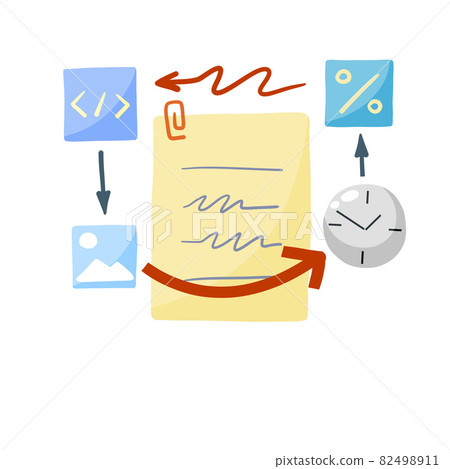 Business document. Page with analytical data. Infographics and statistics. Planning and management. Flat cartoon illustration isolated on white Business document. Page with analytical data. Infographics and statistics. Planning and management. Flat cartoon illustration isolated on white 82498911