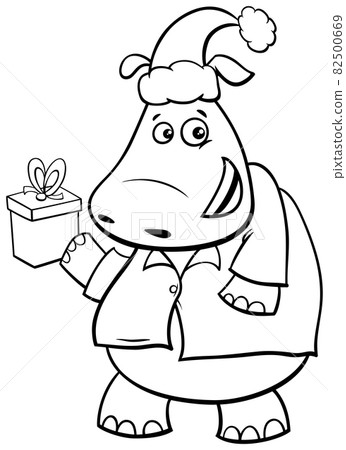 cartoon hippo on Christmas time coloring book page cartoon hippo on Christmas time coloring book page 82500669