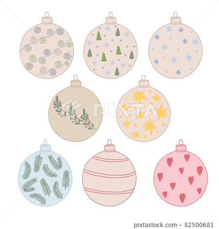 Christmas tree decor elements hand drawn in simple cartoon doodle style vector illustration for winter holidays seasonal greeting cards, invitations, banners, decor, stickers 82500681