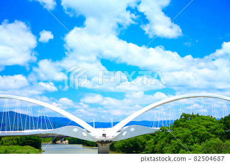 豐田大橋大橋在新鮮的綠色矢over河上的風景 豐田大橋大橋在新鮮的綠色矢over河上的風景 82504687