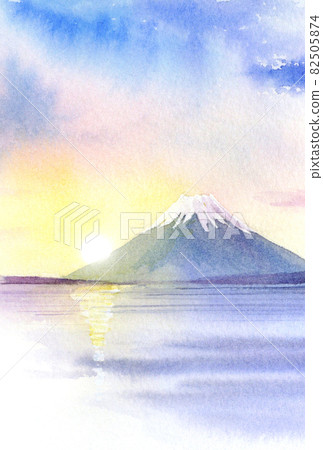 Mt. Fuji at the first sunrise drawn in transparent watercolor New Year's card, postcard size ratio Mt. Fuji at the first sunrise drawn in transparent watercolor New Year's card, postcard size ratio 82505874