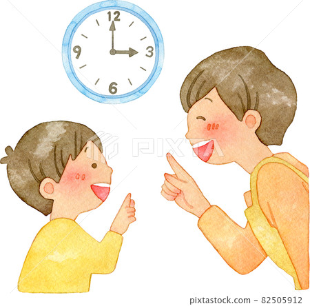 微笑的父母和孩子指著時鐘檢查時間的水彩插圖 微笑的父母和孩子指著時鐘檢查時間的水彩插圖 82505912