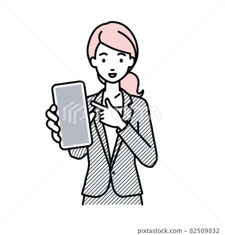 一個穿西裝的女人站著指著她的智能手機 一個穿西裝的女人站著指著她的智能手機 82509832