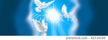 Background painting of three white doves flying around thick clouds, blue sky and sunshine 82510599