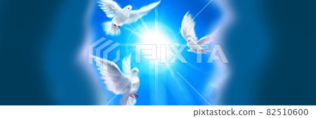 Background painting of three white doves flying around thick clouds, blue sky and sunshine Background painting of three white doves flying around thick clouds, blue sky and sunshine 82510600