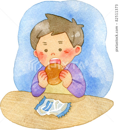 一個男孩獨自吃甜麵包的水彩插圖 82511373