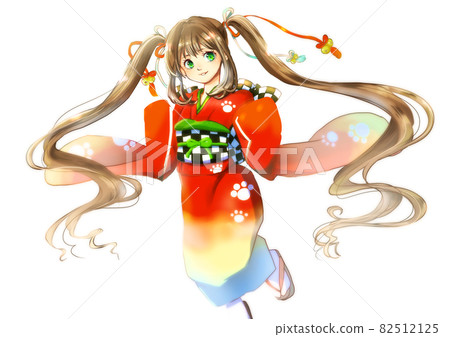 Illustration of a girl in a jumping kimono Illustration of a girl in a jumping kimono 82512125