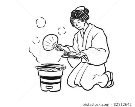 Illustration of a female figure grilling matsutake mushrooms and saury with a Japanese painting touch shichirin 82512642