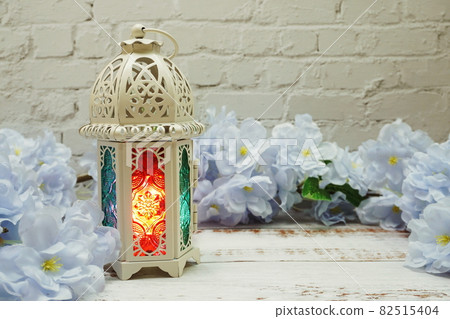 Ramadan Lantern Arabic decoration with space copy on white brick wall background Ramadan Lantern Arabic decoration with space copy on white brick wall background 82515404