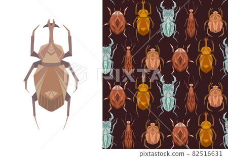 Set of card and seamless pattern with geometric insects on brown background. Vector stylish texture and poster Set of card and seamless pattern with geometric insects on brown background. Vector stylish texture and poster 82516631