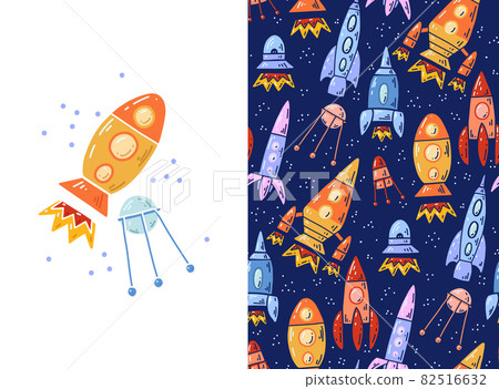 Set of card and pattern with cartoon contour space ships and satellite. Outline technological ships. Vector childish postcard and texture Set of card and pattern with cartoon contour space ships and satellite. Outline technological ships. Vector childish postcard and texture 82516632