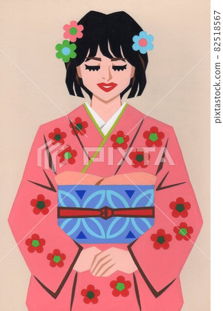 A woman in a sunny kimono smiling while smiling A woman in a sunny kimono smiling while smiling 82518567
