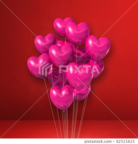 Pink heart shape balloons bunch on a red wall... - Stock Illustration ...