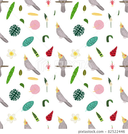 Seamless pattern with parrots cockatiel sit on stick, tropical leaves and flowers. Cute baby print for fabric and textile. Seamless pattern with parrots cockatiel sit on stick, tropical leaves and flowers. Cute baby print for fabric and textile. 82522446