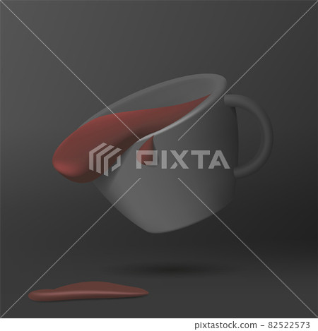 3d render illustration of coffee cup with coffee spilling, conceptual composition of dark shape in dark background 3d render illustration of coffee cup with coffee spilling, conceptual composition of dark shape in dark background 82522573