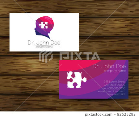 Psychology Vector Business Card with Autism Puzzle and Kid Human Head Modern logo Creative style. Child Profile Silhouette Design concept for Branding on tree background 82523292