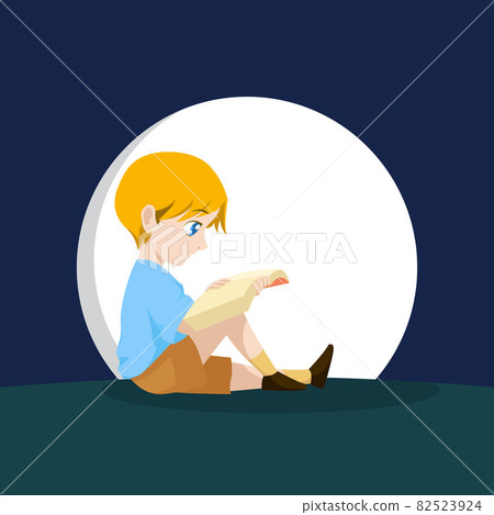 Little Boy Child Kid Sitting Reading Book Side View Vector Cartoon 82523924