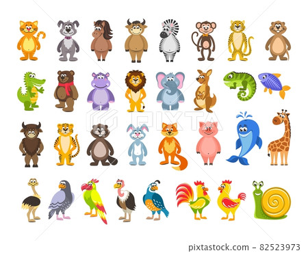 Big set of animals and birds. Lion, kangaroo, iguana, fish, hare, pig, giraffe, ostrich, snail. Cartoon characters on white background. Isolated objects. Colorful flat vector illustration for kids. 82523973