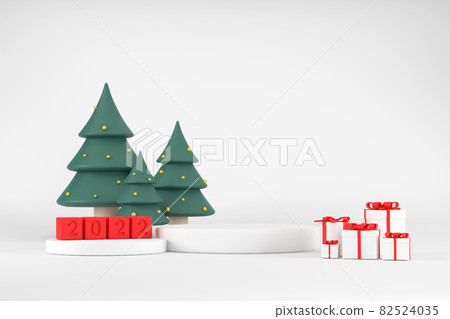 White podium for displaying products for 2020 and Christmas trees. with gift box 82524035