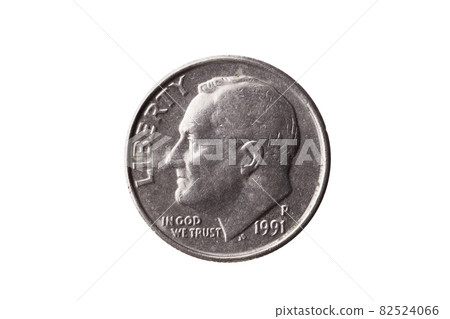 USA dime nickel coin (10 cents) with a portrait image of Franklin D Roosevelt cut out and isolated 82524066