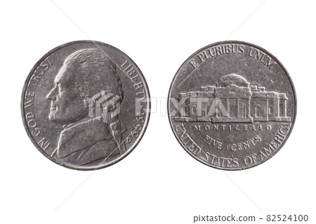 USA half dime nickel coin (25 cents) with a portrait image of Thomas Jefferson obverse and Montecello reverse cut out and isolated 82524100