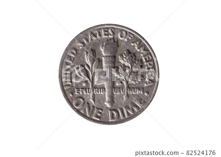 USA dime nickel coin (10 cents) reverse olive branch, torch and oak branch cut out and isolated USA dime nickel coin (10 cents) reverse olive branch, torch and oak branch cut out and isolated 82524176