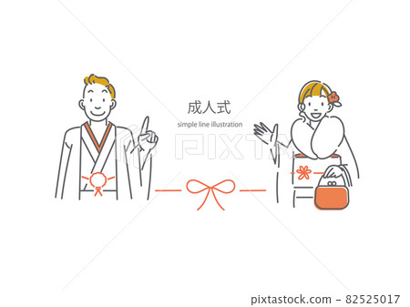 Simple and stylish line drawing illustrations of new adult women and men in kimono 82525017