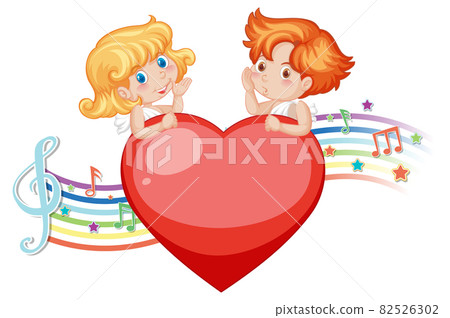 Couple of cupid angel character with melody symbols on rainbow Couple of cupid angel character with melody symbols on rainbow 82526302