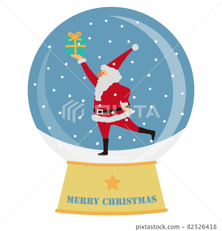 聖誕老人舉起雙腿，用一隻手拿著禮物的聖誕老人雪球的插圖 82526418