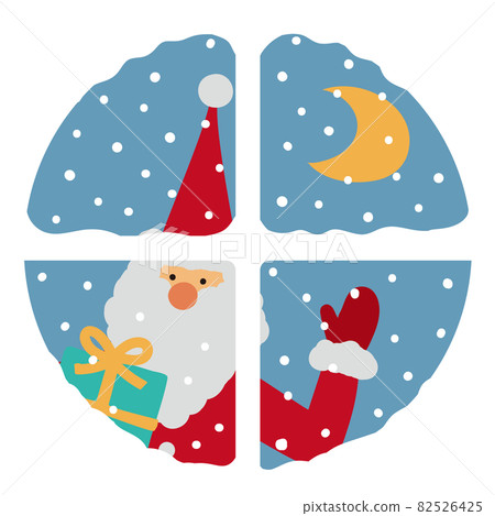 Illustration of Santa Claus Santa looking into the house through a round window with a present on a snowy night Illustration of Santa Claus Santa looking into the house through a round window with a present on a snowy night 82526425