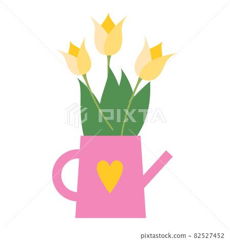 Yellow tulips in a pink teapot with a yellow heart. Vector isolate illustration on white background Yellow tulips in a pink teapot with a yellow heart. Vector isolate illustration on white background 82527452
