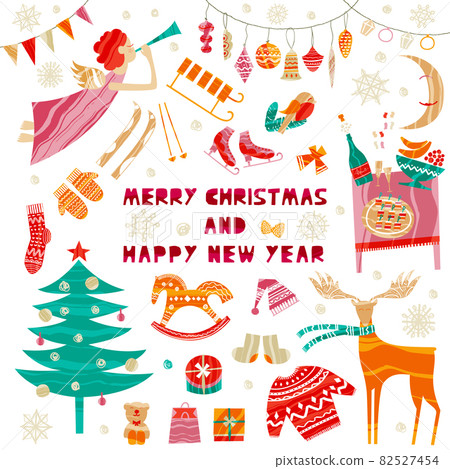 Collection of Christmas and New Year elements. Vector flat design with texture 82527454
