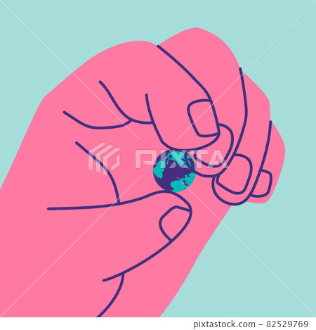 Giant human holds small planet Earth with two fingers. As a symbol of the fragility of the world. Eco friendly and sustainable ecosystem creation. 82529769