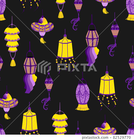 Seamless pattern with various Indian lanterns. Hand painted holiday candles and lights. Asian decorative items. Vector multicolor repeating background. 82529770