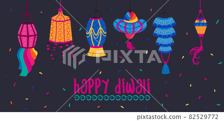 Happy Diwali. Indian festival of lights. Hand painted holiday candles and lights. Asian decorative items. Greeting card with text. Happy Diwali. Indian festival of lights. Hand painted holiday candles and lights. Asian decorative items. Greeting card with text. 82529772