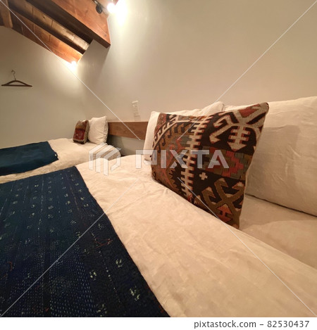 Fashionable interior space and close-up of the bed 82530437