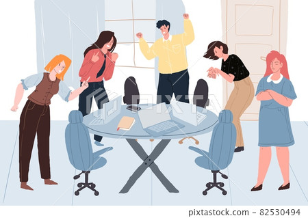 Flat cartoon colleagues characters quarreling,conflict at work scene vector illustration concept 82530494