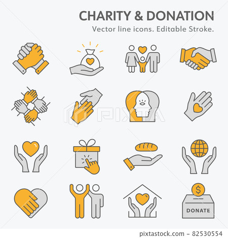 Charity line icon set. Collection of donate, trust, help, solidarity and more. Editable stroke. Change to any any colour. 82530554