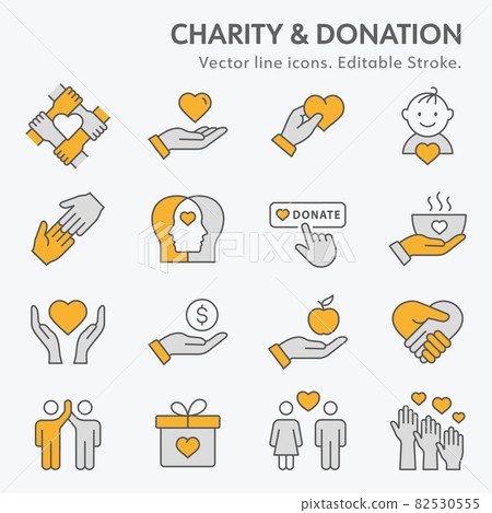 Charity line icon set. Collection of donate, volunteer, help, trust and more. Editable stroke. Change to any size and any colour. Charity line icon set. Collection of donate, volunteer, help, trust and more. Editable stroke. Change to any size and any colour. 82530555