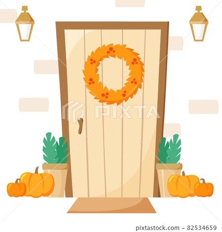 Front door with autumn decoration, entrance with wreath and pumpkins, lanterns and plants in pots, fall vector illustration, flat style 82534659