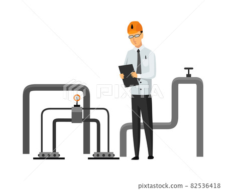 Oil petroleum industry. Engineer or oilman looking to professional document isolated. Control extraction or transportation oil and petrol on flat cartoon icon. Isolated vector illustration 82536418