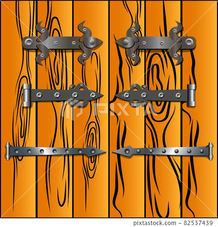 Vintage iron hinges and medieval metal handles vector set. Cartoon props for castle or church ancient doors decoration 82537439