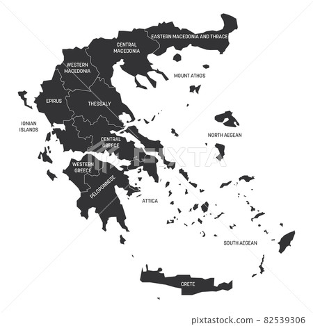 Grey political map of Greece. Administrative divisions - decentralized administrations. Simple flat vector map with labels. Grey political map of Greece. Administrative divisions - decentralized administrations. Simple flat vector map with labels. 82539306