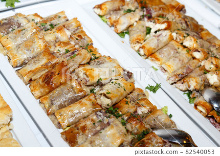 Traditional Apulean antipasti during Italian wedding or celebration, above view 82540053