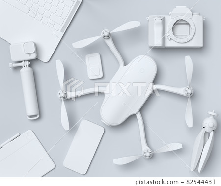Top view of monochrome designer workspace and photography gear on black table Top view of monochrome designer workspace and photography gear on black table 82544431