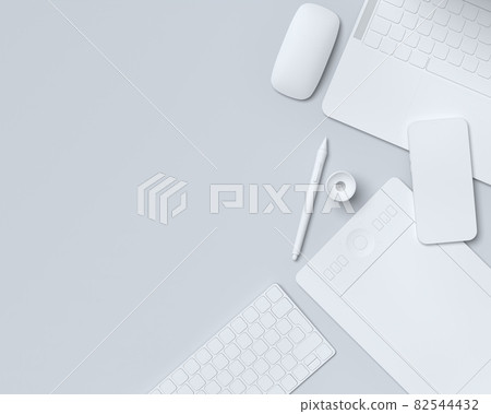 Top view of monochrome designer workspace and photography gear on black table Top view of monochrome designer workspace and photography gear on black table 82544432